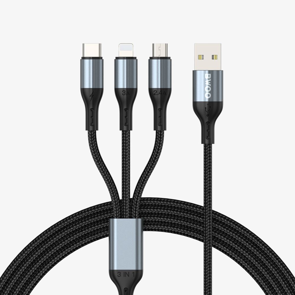 CABLE DE DATOS 3 EN 1 USB A LIGHTNING,MICRO USB Y TIPO C BO-X274 BWOO